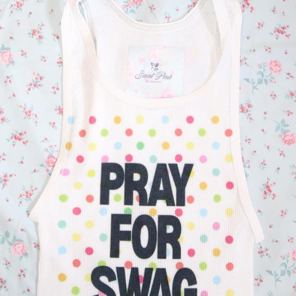 y2k pray for swag graphic tank top rainbow polka dot ribbed cami - Picture 5 of 7